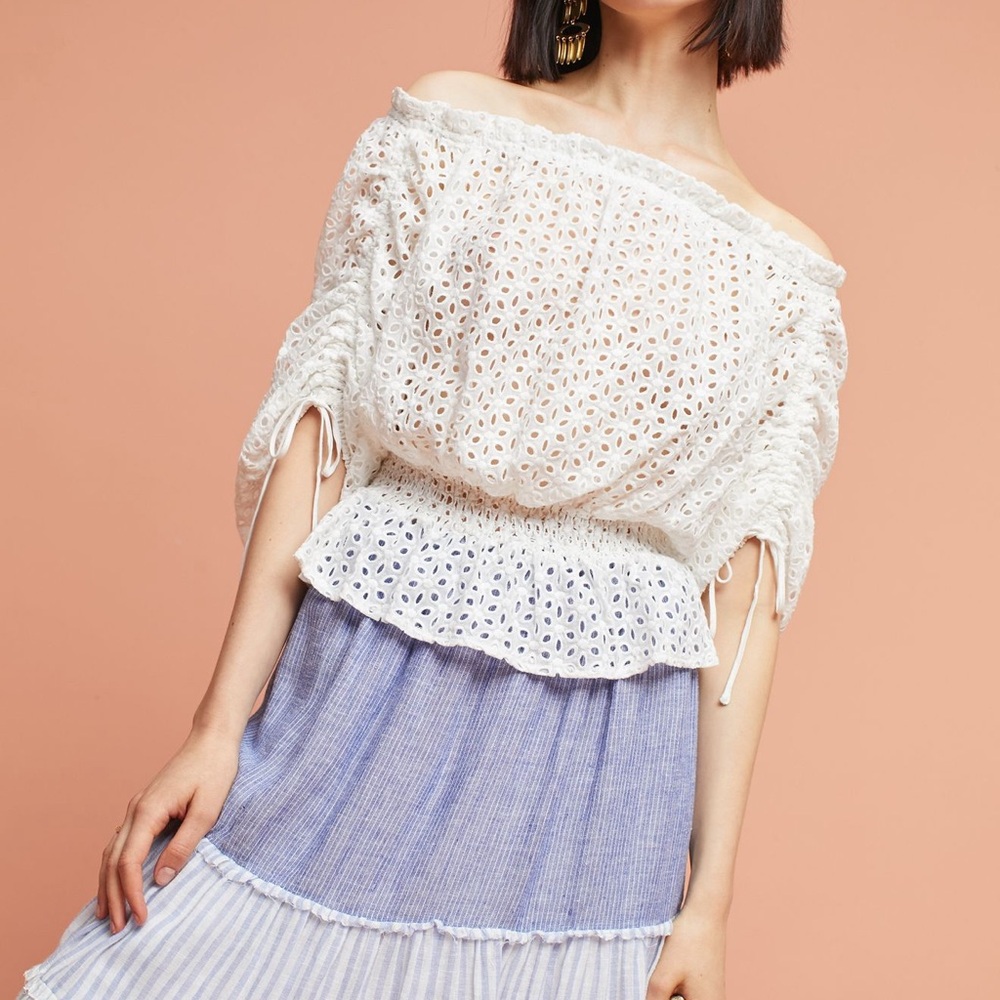 Anthropologie Harlyn Corfu Lace Off-Shoulder Pullover, open weave, white lace